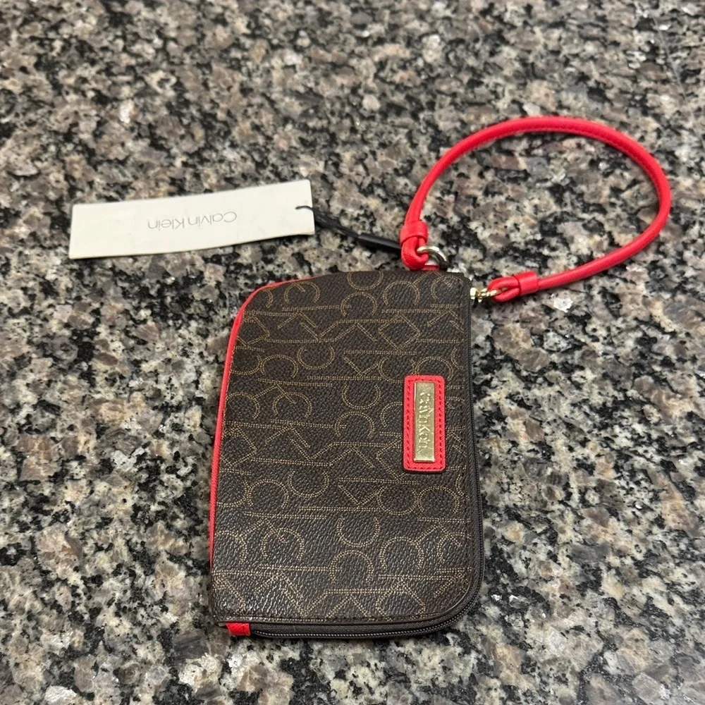 Calvin Klein Logo Wristlet in Brown and Red NWT